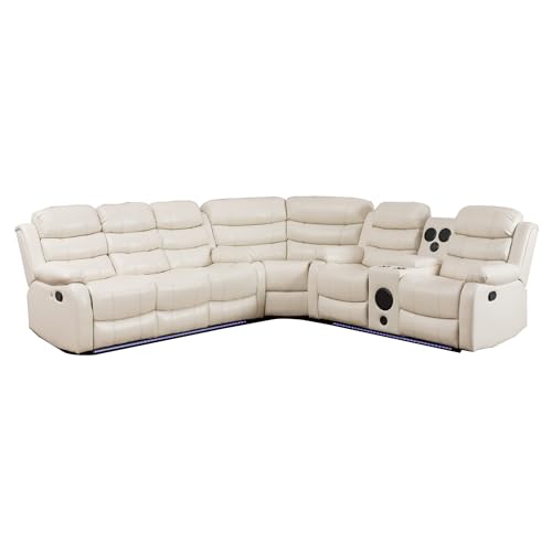 Hybition Faux Leather Living Room Set Modern Reclining Sectional Sofa with LED Light, USB Chargers, Sound System, 4Cup Holders, Hidden Storage, White