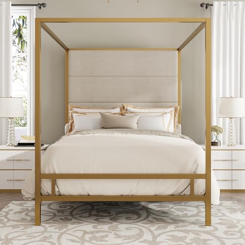 LUMISOL Queen Size Canopy Bed with Tall Linen Upholstered Headboard, 4-Poster Bed Metal Canopy Bed Frame, Dual Purpose Platform Bed Metal, Box Spring Needed, Gold