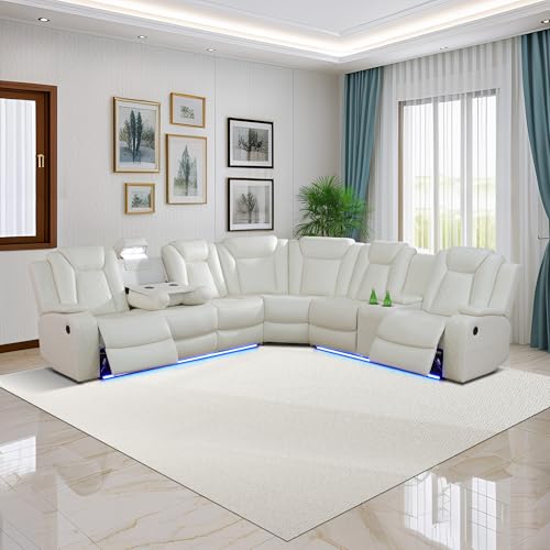 Power Recliner Sofa Sectional Sofa with LED Light for Living Room, Air Leather Reclining Corner Sectional Sofa Set, Cup Holder, Storage Console for Home Theater Seating (Ivory White, Sectional)