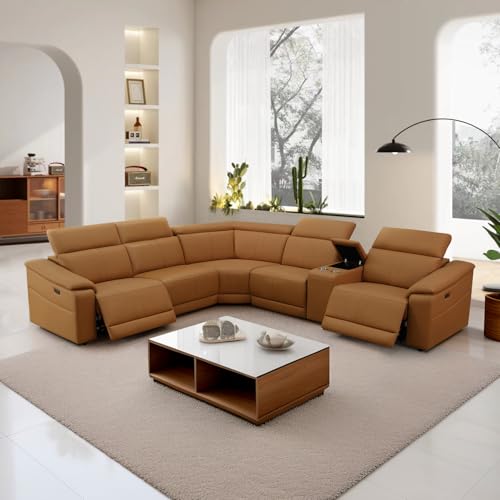 GEBADOL Power Recliner Sectional Sofa, L-Shaped Living Room Furniture Set, Light Brown Leather Sofa, Reclining Sectional Couch with Storage Console/Cup Holder for Living Room/House/Apt
