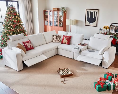 Bedeep Oversized Modular Sectional Sofa with Double Power Recliner, Cloud Reclining Couch with Headrest, Storage Drawer Charging Cup Holders, Deep L-Shaped 6 Seater with Corner, Chenille, White
