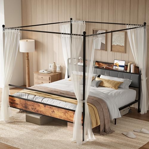 LIKIMIO Canopy Bed Frame King Size with Storage & Charging Headboard, King Size Platform Bed Frame with 4 Removable Sturdy Posts, Noise Free, No Box Spring Needed, Easy Assembly, Vintage Brown