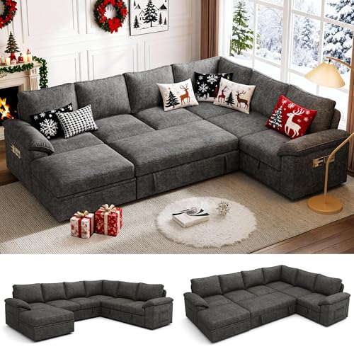 SUAWY 108 Inch Sectional Sleeper Sofa with Pull Out Bed, U Shaped 7 Seat Modular Sectional Sofa with Storage, Sectional Couches for Living Room, Cloud Modular Couch,Removable Sofa Cover, Dark Grey