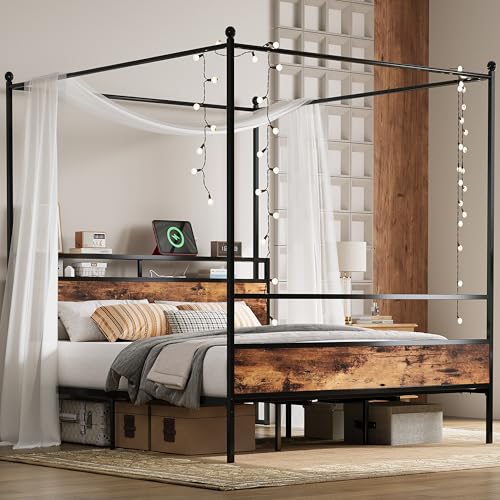 LIKIMIO Canopy Bed Frame King with Storage Headboard & Charging Station, Sturdy Metal Platform Bed with 4 Removable Posts, Dual Purpose Bed Frame, No Box Spring Needed, Noise Free
