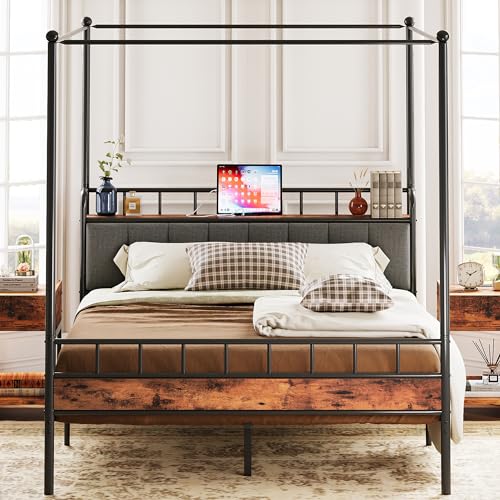 LIKIMIO Canopy Bed Frame Queen, Storage Headboard with Charging Station, Platform Bed with 4 Removable Sturdy Posts, Noise Free, No Box Spring Needed, Vintage Brown