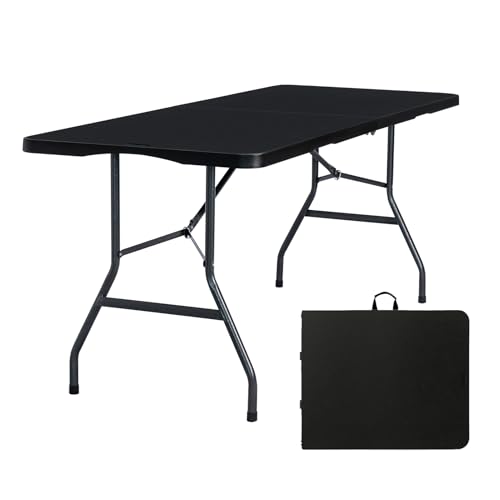 Byliable Folding Table 6ft Portable Heavy Duty Plastic Fold-in-Half 6 Foot Foldable Table Utility Dining Indoor Outdoor with Carrying Handle for Camping Picnic and Party, Black