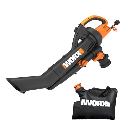 WORX WG505 Trivac 12 Amp 3-in-1 Electric Leaf Blower/Leaf Vacuum/Mulcher, Metal Impeller for Fine Mulching
