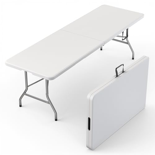 Our Modern Space 8 Feet Foldable Table with Built in Handle & Steel Legs | Heavy Duty Portable | Perfect for Party, Dining, Wedding, Events, Picnic Indoor, Outdoor, Camping, Utility, Temporary