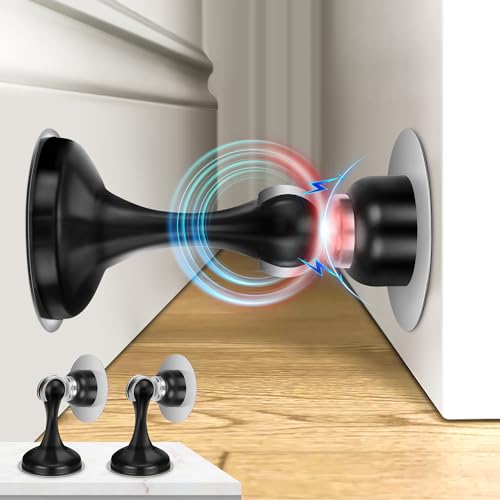 Crosize Magnetic Door Stoppers 2 Pack, Stainless Steel Door Stops, Wall-Mounted and Floor Mounting Metal Doorstops, Door Holder Keep Door Open, No Drilling Door Stop with Adhesive Tapes, Black