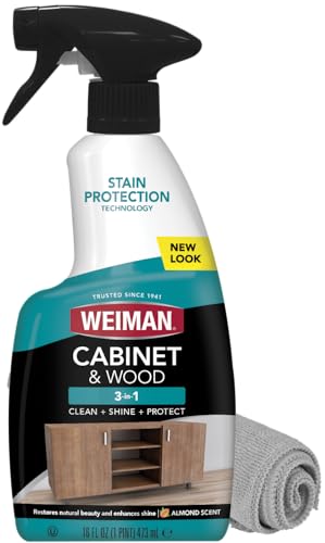 Weiman Cabinet & Wood Clean & Shine Spray - Furniture, Kitchen Cabinets, Baseboard & Trim, Fresh Almond Scent, Microfiber Cloth Included