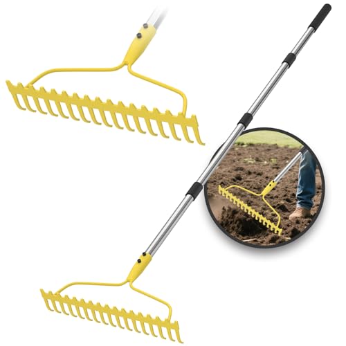 Garden Rakes for Lawns Heavy Duty, 6 FT Bow Rake for Leaves, 17-Tines Metal Rake with Stainless Steel Handle for Yard Leveling, Landscape, Loosening Soil, Yellow