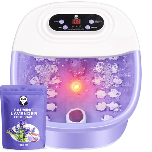 Foot Spa Bath Massager with Heat Bubbles and Vibration Massage and Jets, 16 OZ Calming Lavender Foot Soak Epsom Salt, Miwhale Foot Soaker With Red Light, 22 Massage Rollers, Adjustable Temp -Purple