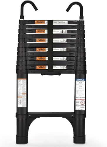 Telescoping Ladder, SocTone 12.5 FT Aluminum Lightweight Extension Ladder with 2 Triangle Stabilizers, Heavy Duty 330lbs Max Capacity, Collapsible Ladder with Hooks for RV or Outdoor Work