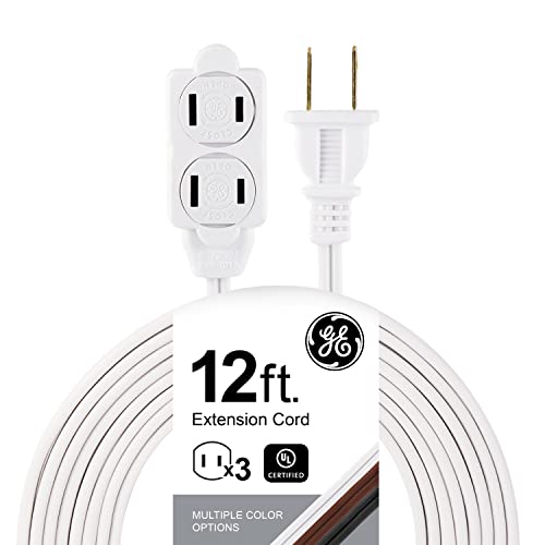 GE 3-Extension Cord with Multiple Outlets 12 Ft Power Strip 2 Prong 16 Gauge Twist-to-Close Safety Covers Indoor Outlet Extender UL Listed White 51954