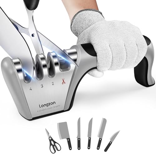 Longzon 4-in-1 Knife Sharpener [4 Stage] with a Pair of Cut-Resistant Glove, Original Premium Polish Blades, Best Kitchen Knife Sharpener Really Works for Fruit Knife and Steel Knives, Scissors