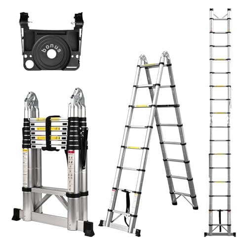 Telescoping Ladder A Frame, 16.5 Ft Compact Aluminum Extension Ladder, Portable Telescopic RV Ladder for Outdoor Camper Trips Motorhome with Tool Platform and Stabilizer Bar, 330 lb Capacity