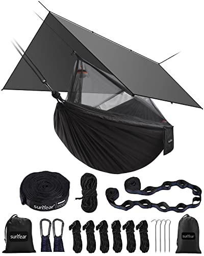 Sunyear Hammock Camping with Rain Fly Tarp and Net, Portable Camping Hammock Double Tree Hammock Outdoor Indoor Backpacking Travel & Survival, 2 Tree Straps,100% Waterproof Black Bundle