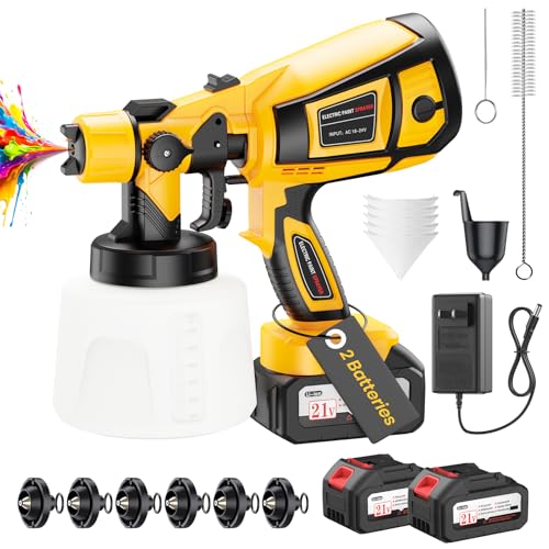 Cordless Paint Sprayer with 650W Powerful Copper Motor, Sprayer Paint Gun with 6 Brass Nozzles, 2 Batteries & 1400ml (47.34oz) Container, Electric Paint Sprayer for House Painting Graffiti Fence Wall