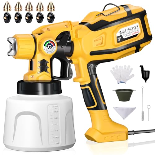 Paint Sprayer, Cosyjazz 1200W HVLP Spray Paint Gun with 5 Nozzles & 3 Spray Patterns, Adjustable Flow Control, 1400ml Container & Cleaning Tools, for House Painting, Fences, Cabinets, Walls etc.