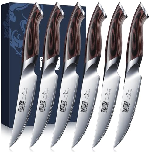 HOSHANHO Steak Knives Set of 6, Ultra Sharp 4.5 Inch Serrated Steak Knife Set, Japanese High Carbon Steel Kitchen Steak Knives with Ergonomic Handle