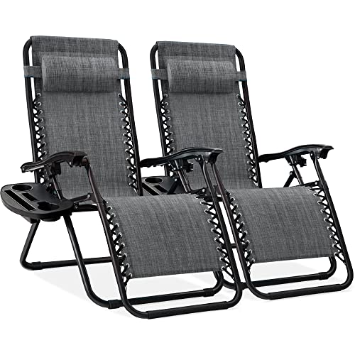 Best Choice Products Set of 2 Adjustable Steel Mesh Zero Gravity Lounge Chair Recliners w/Pillows and Cup Holder Trays - Gray